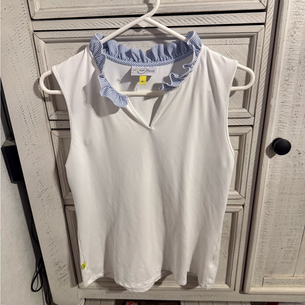 White Sleeveless Top with Blue Striped Collar